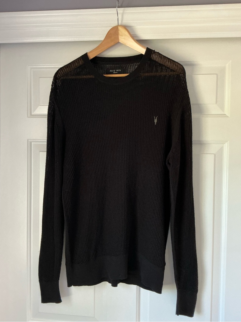 All Saints Men’s Black Stein Crew Open Stitch Mesh Cotton Knit Sweater M